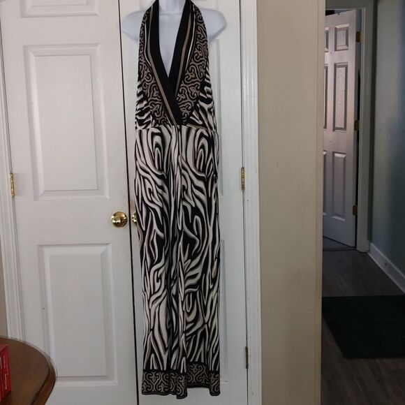 Venus halter black white tan wide leg jumpsuit Sz M - Picture 1 of 8